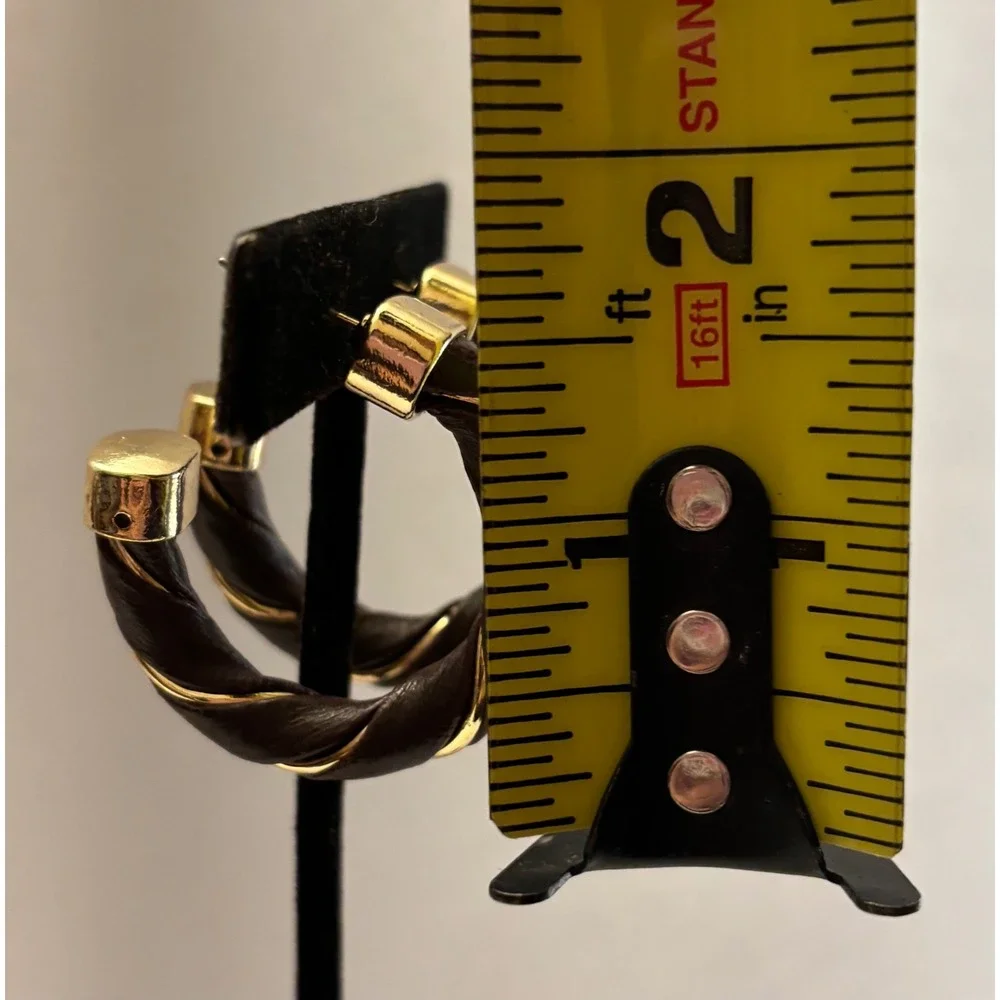 Vintage Dark Brown Faux Leather Gold Tone Twisted Hoop Earrings Post Back